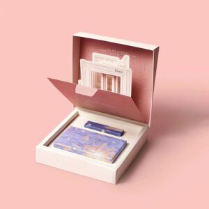 White and pink square flap with embossed makeup box