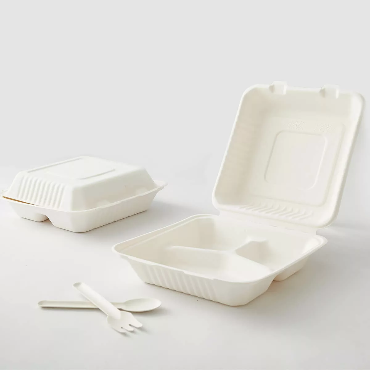 White Compostable Sugarcane Bagasse Hinged Lid Takeout Container with 3 Compartment