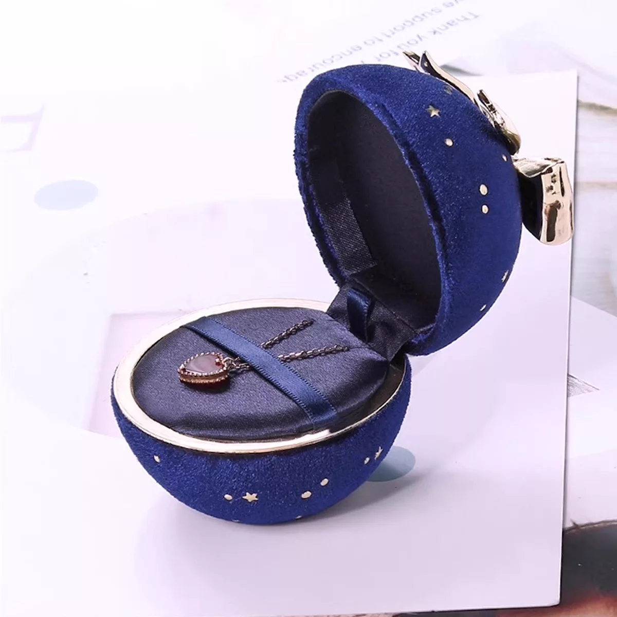 Round Bowknot Star Corduroy Ring Box - Dark Blue Wedding Proposal Jewelry Case With Sparkling Bow